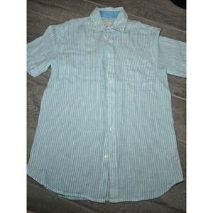 Panama Jack Mens Light Blue Stripe Short Sleeve Linen Button Down Shirt Small